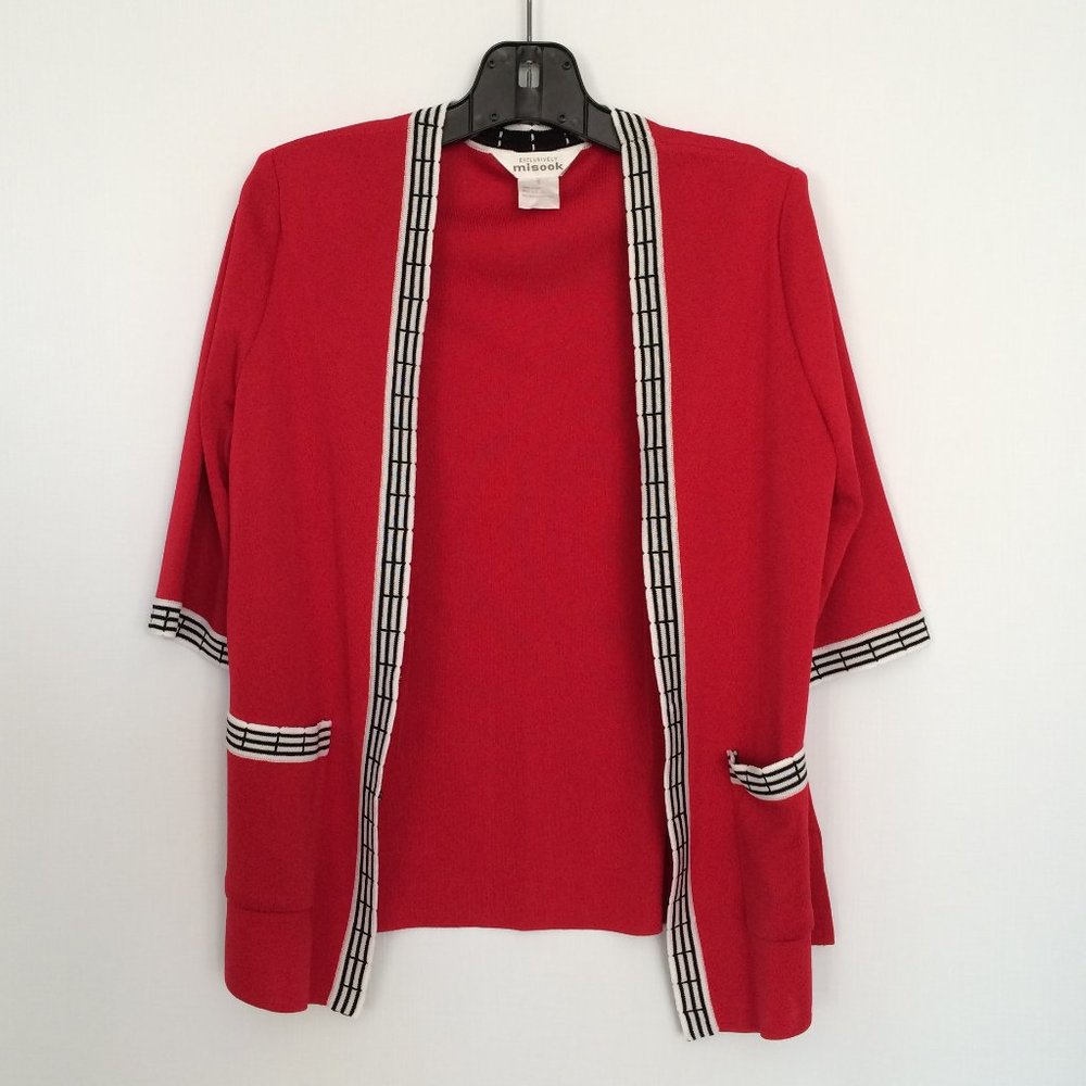 Exclusively Misook Womens Cardigan Small Red 3\4 Sleeve Contrast Trim Acrylic
